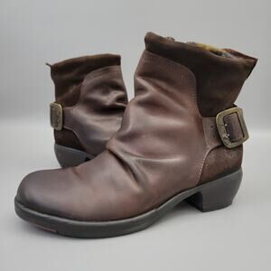 Fly London Mel Boots Womens Brown Leather Scrunch Buckle Zip Wedge 37 - 7 US